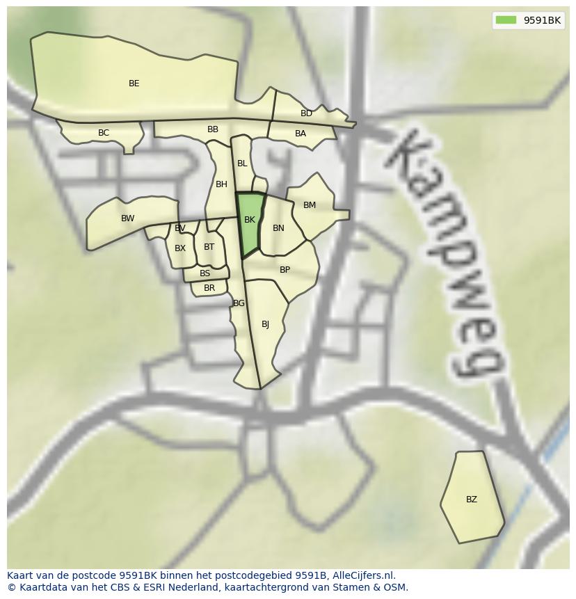 Afbeelding van het postcodegebied 9591 BK op de kaart.