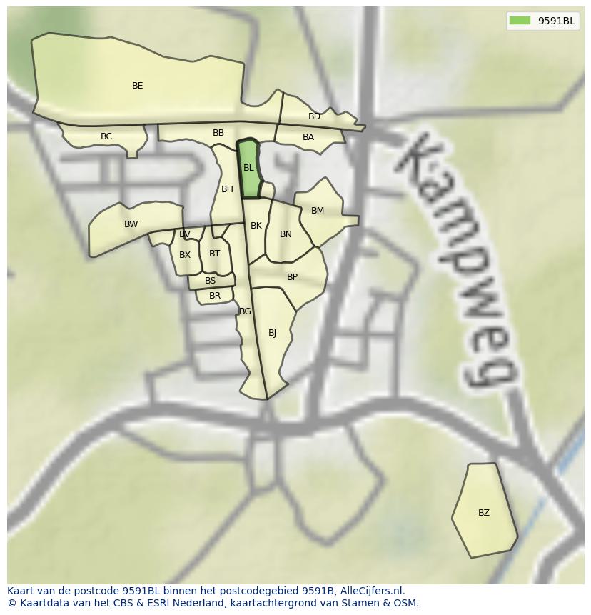 Afbeelding van het postcodegebied 9591 BL op de kaart.