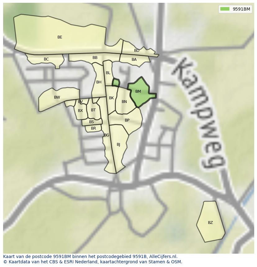 Afbeelding van het postcodegebied 9591 BM op de kaart.
