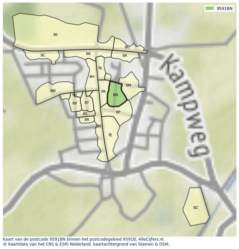 Afbeelding van het postcodegebied 9591 BN op de kaart.