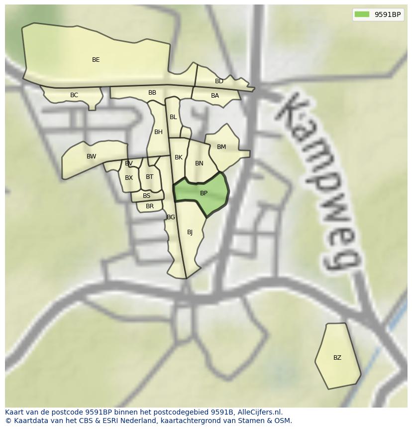Afbeelding van het postcodegebied 9591 BP op de kaart.