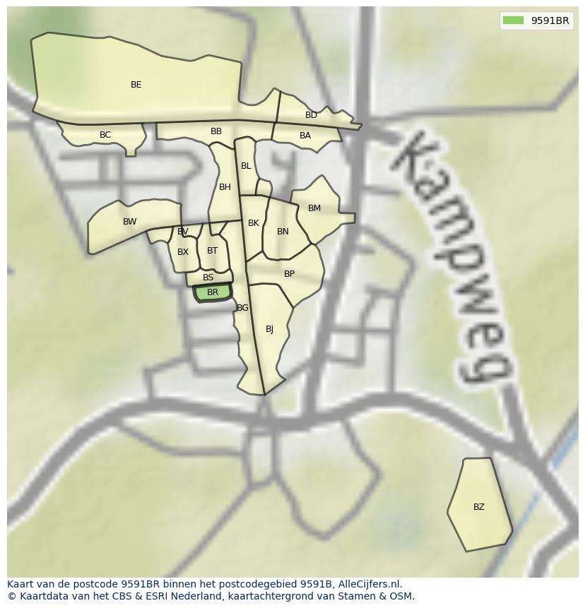Afbeelding van het postcodegebied 9591 BR op de kaart.