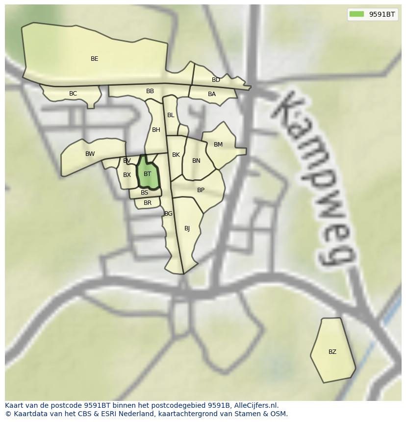 Afbeelding van het postcodegebied 9591 BT op de kaart.