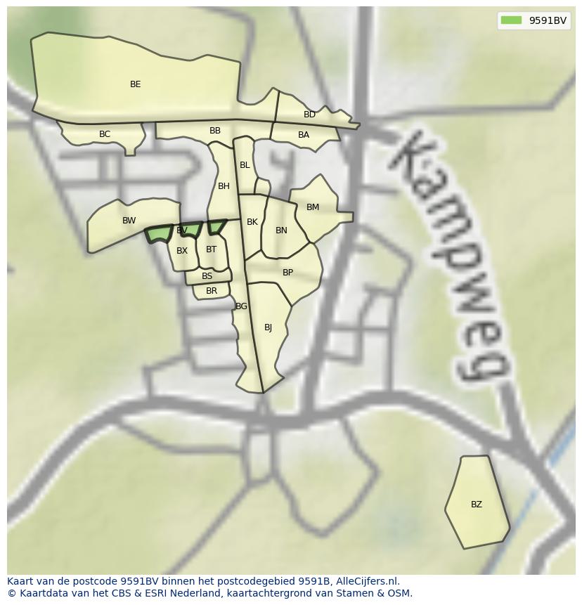 Afbeelding van het postcodegebied 9591 BV op de kaart.