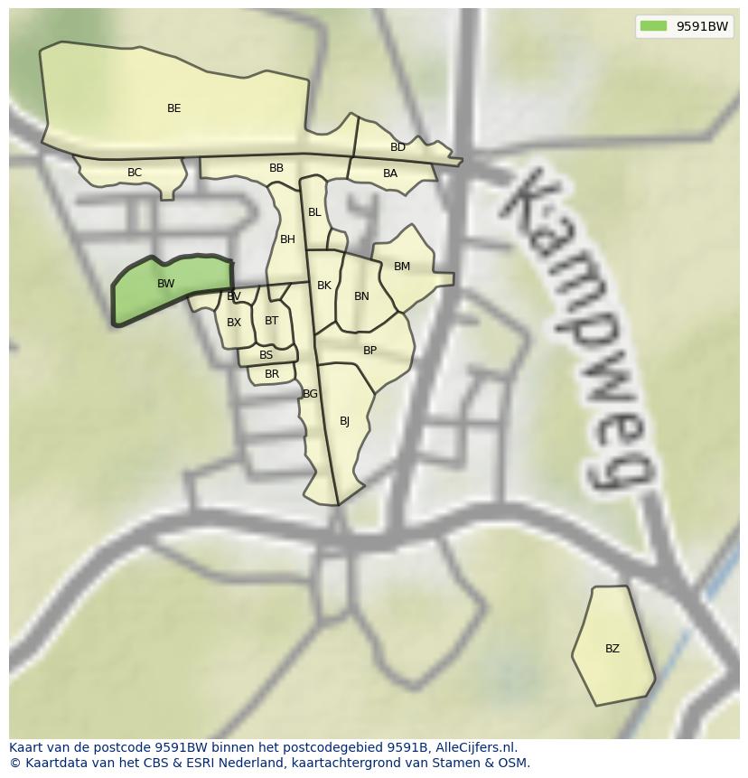 Afbeelding van het postcodegebied 9591 BW op de kaart.