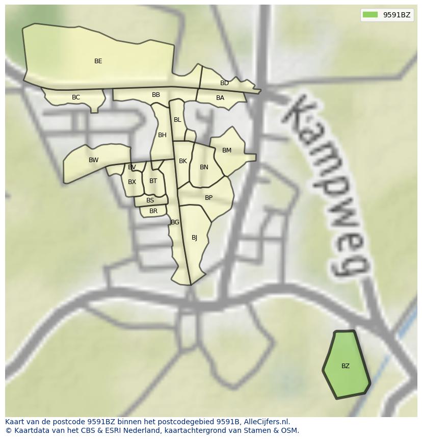Afbeelding van het postcodegebied 9591 BZ op de kaart.