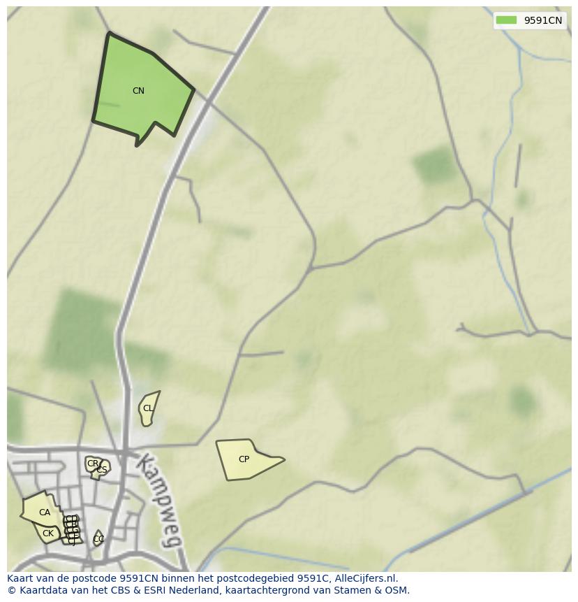 Afbeelding van het postcodegebied 9591 CN op de kaart.