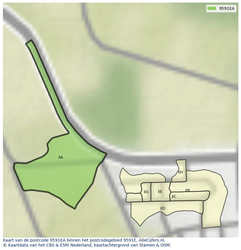 Afbeelding van het postcodegebied 9591 EA op de kaart.