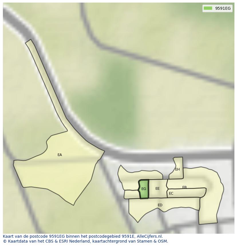 Afbeelding van het postcodegebied 9591 EG op de kaart.