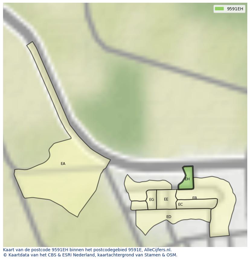 Afbeelding van het postcodegebied 9591 EH op de kaart.