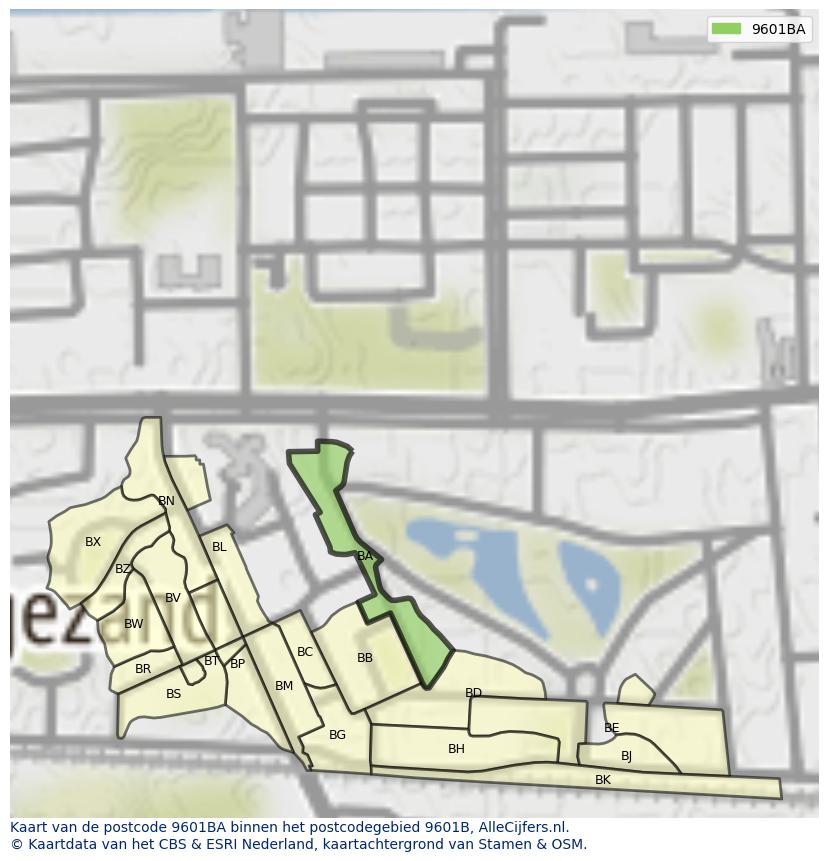 Afbeelding van het postcodegebied 9601 BA op de kaart.