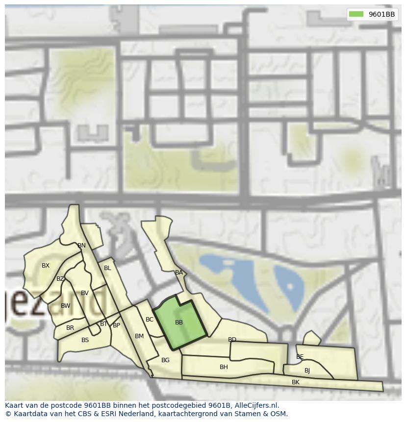 Afbeelding van het postcodegebied 9601 BB op de kaart.