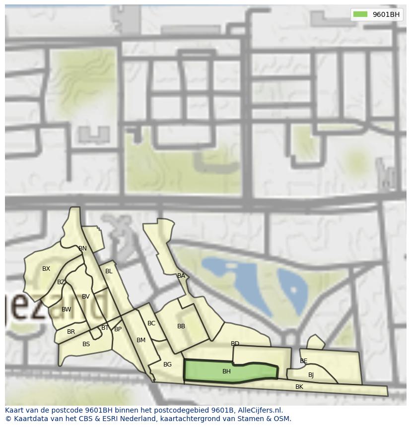 Afbeelding van het postcodegebied 9601 BH op de kaart.