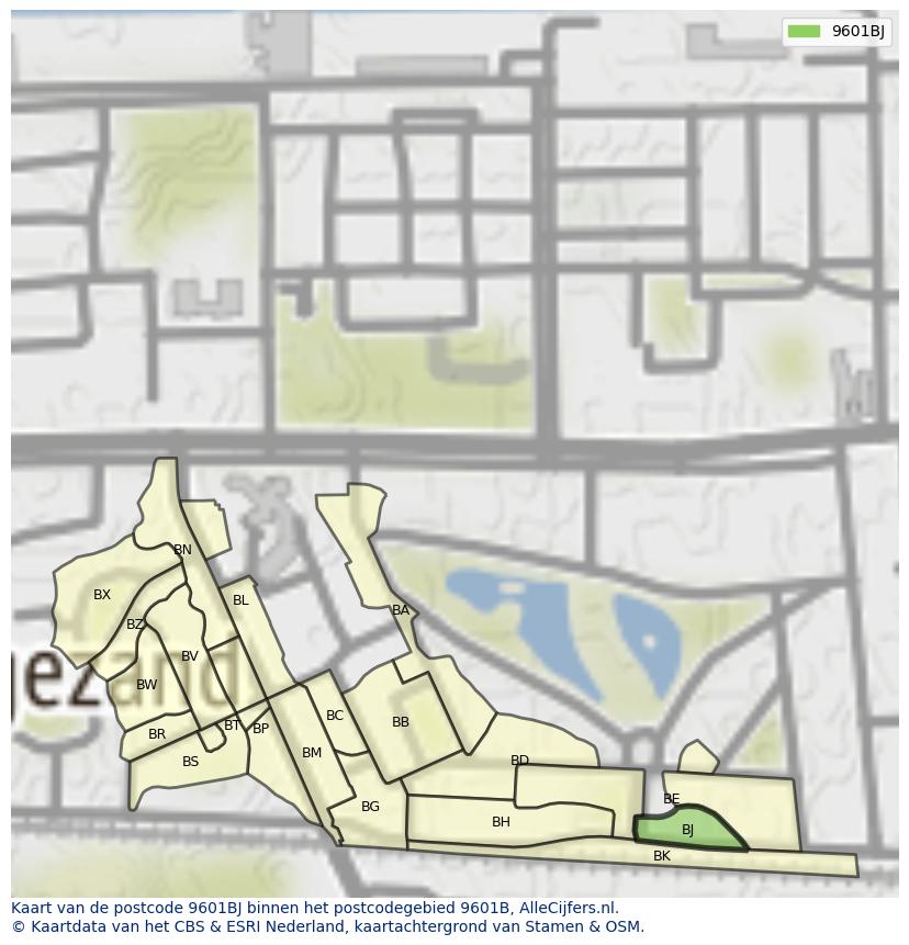 Afbeelding van het postcodegebied 9601 BJ op de kaart.