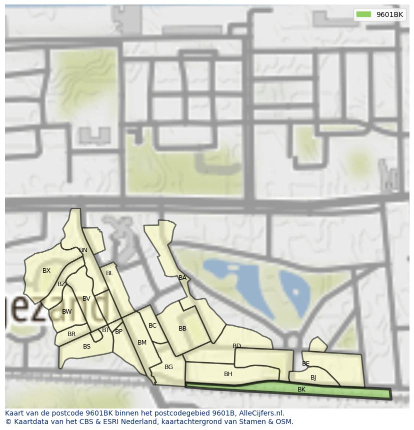 Afbeelding van het postcodegebied 9601 BK op de kaart.