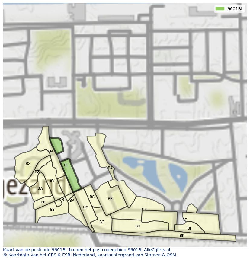 Afbeelding van het postcodegebied 9601 BL op de kaart.