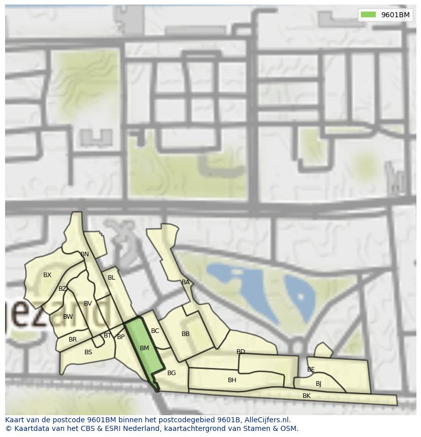 Afbeelding van het postcodegebied 9601 BM op de kaart.