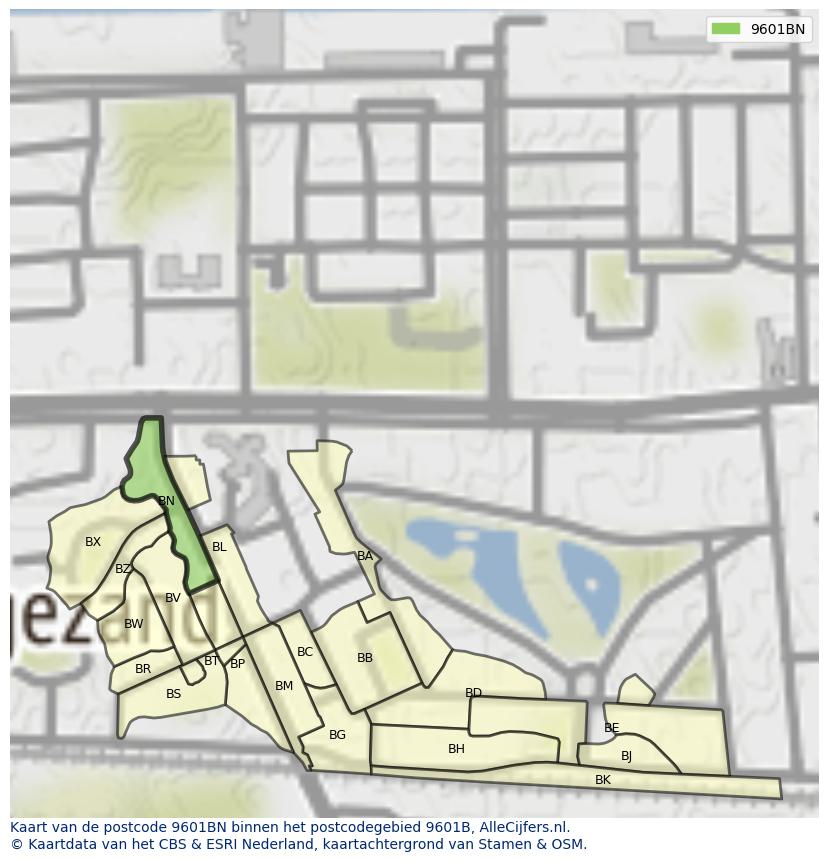 Afbeelding van het postcodegebied 9601 BN op de kaart.