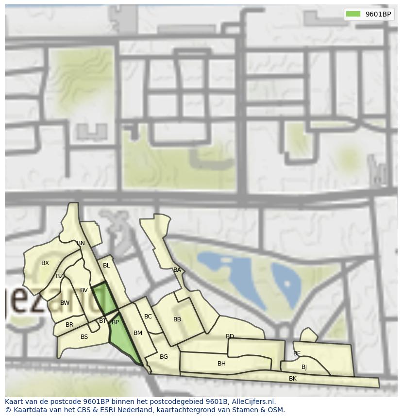Afbeelding van het postcodegebied 9601 BP op de kaart.