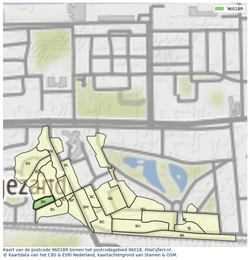Afbeelding van het postcodegebied 9601 BR op de kaart.