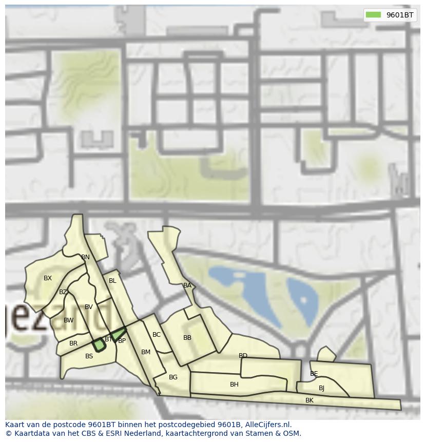 Afbeelding van het postcodegebied 9601 BT op de kaart.