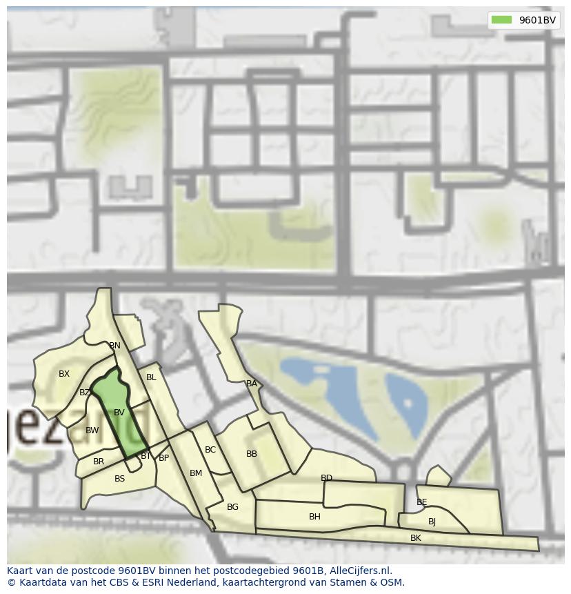 Afbeelding van het postcodegebied 9601 BV op de kaart.
