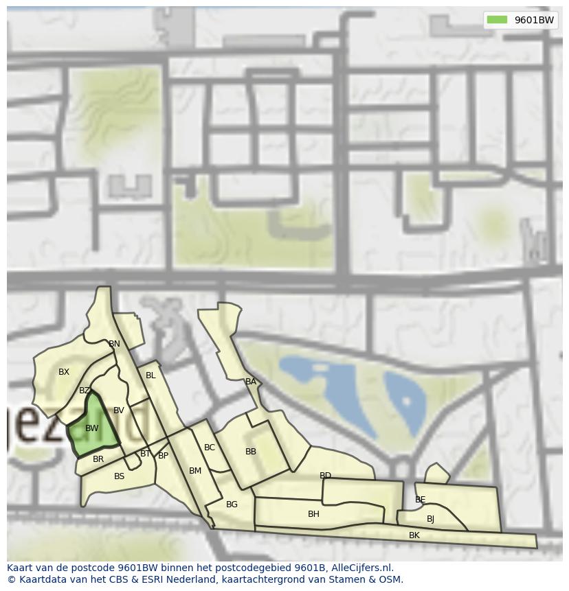 Afbeelding van het postcodegebied 9601 BW op de kaart.