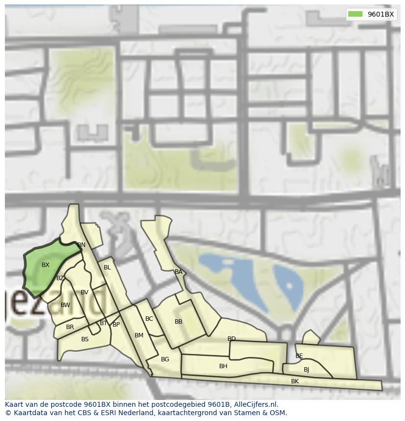 Afbeelding van het postcodegebied 9601 BX op de kaart.