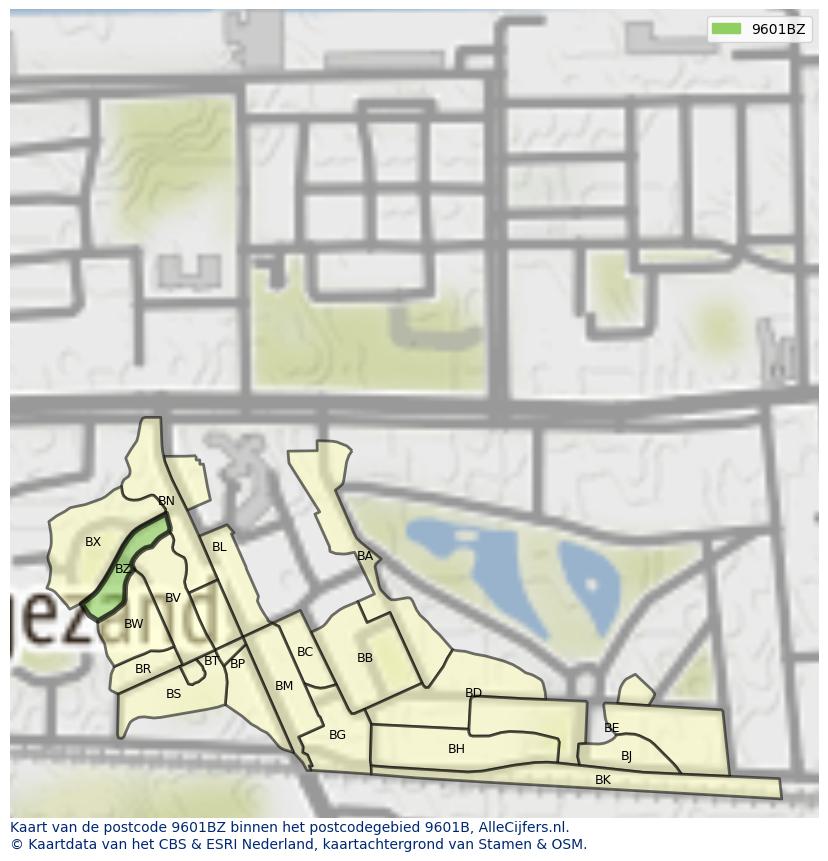Afbeelding van het postcodegebied 9601 BZ op de kaart.