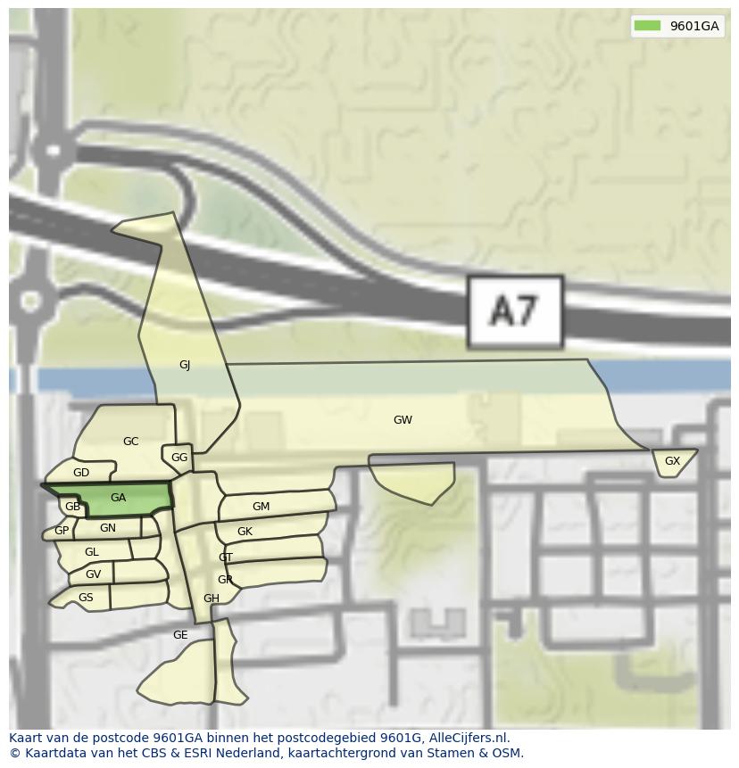 Afbeelding van het postcodegebied 9601 GA op de kaart.