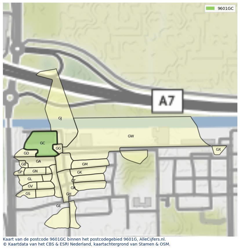 Afbeelding van het postcodegebied 9601 GC op de kaart.