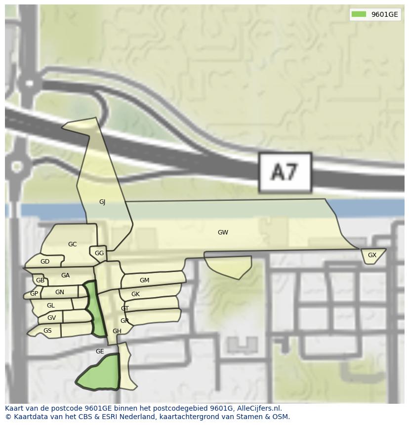 Afbeelding van het postcodegebied 9601 GE op de kaart.