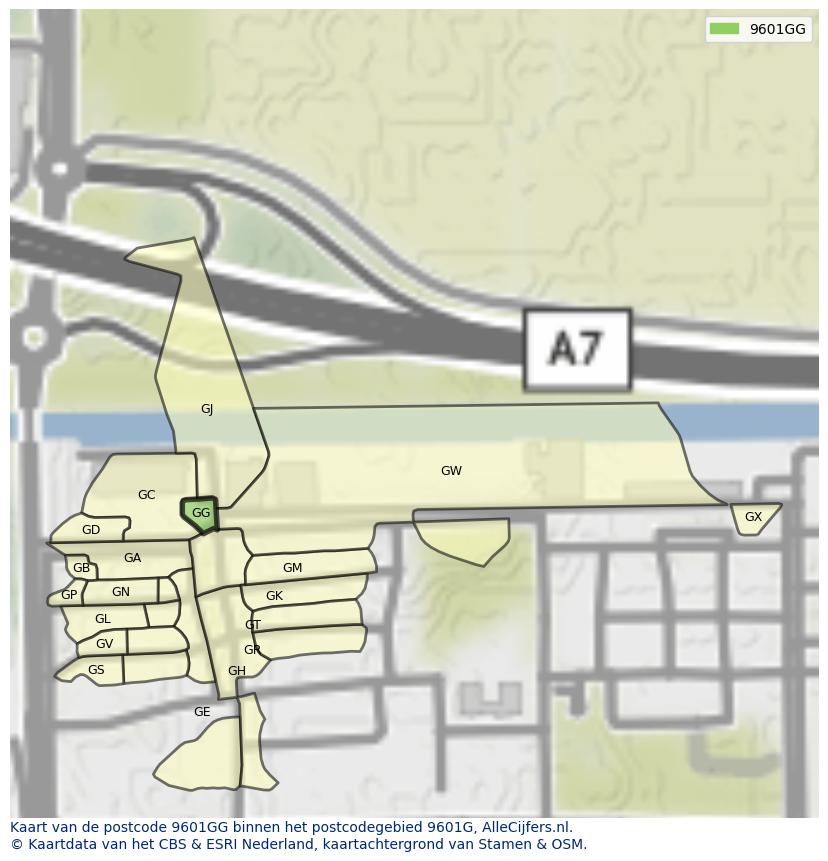 Afbeelding van het postcodegebied 9601 GG op de kaart.