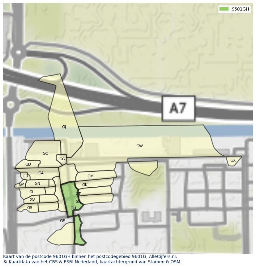 Afbeelding van het postcodegebied 9601 GH op de kaart.