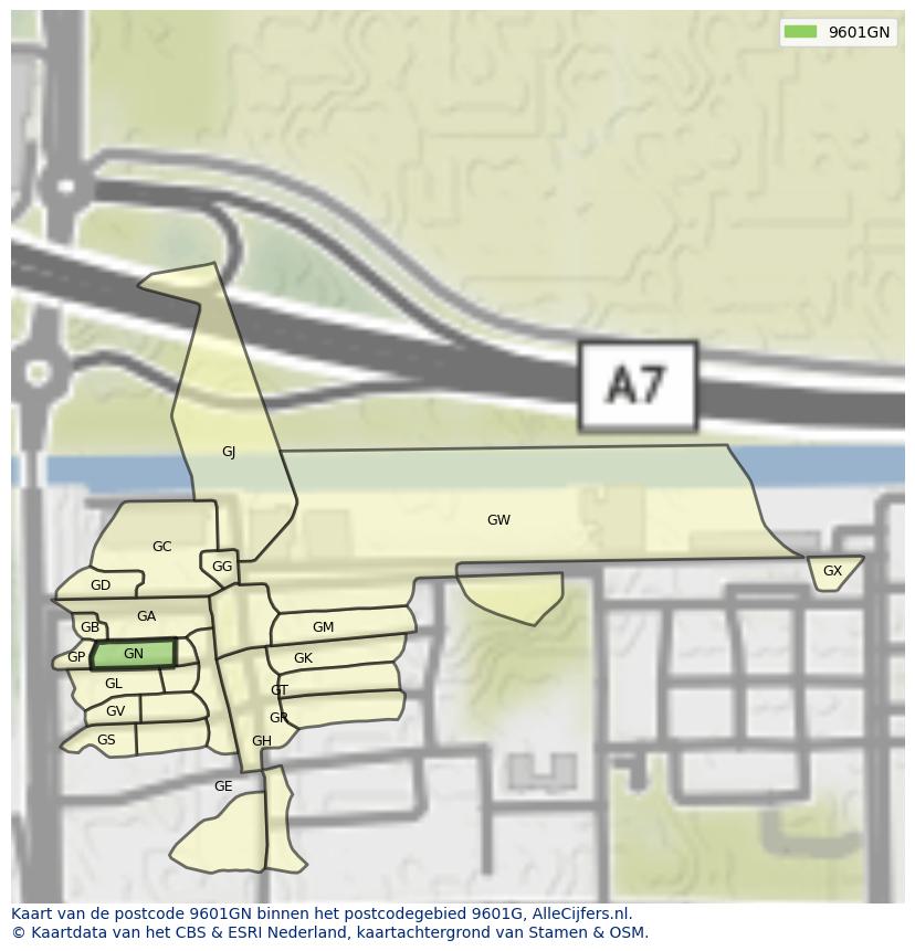 Afbeelding van het postcodegebied 9601 GN op de kaart.