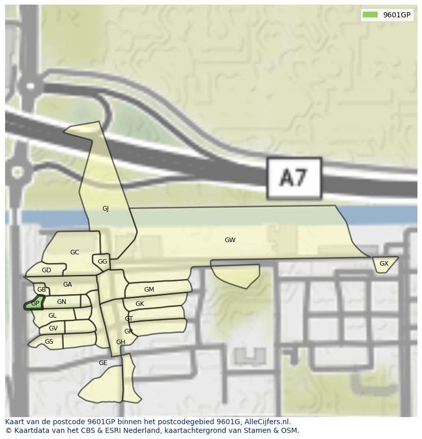 Afbeelding van het postcodegebied 9601 GP op de kaart.