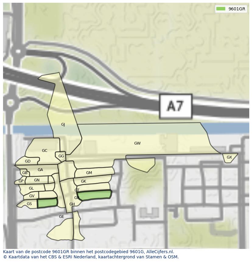 Afbeelding van het postcodegebied 9601 GR op de kaart.