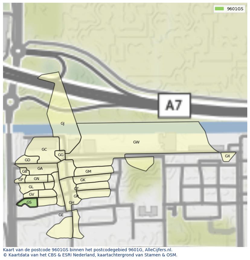 Afbeelding van het postcodegebied 9601 GS op de kaart.