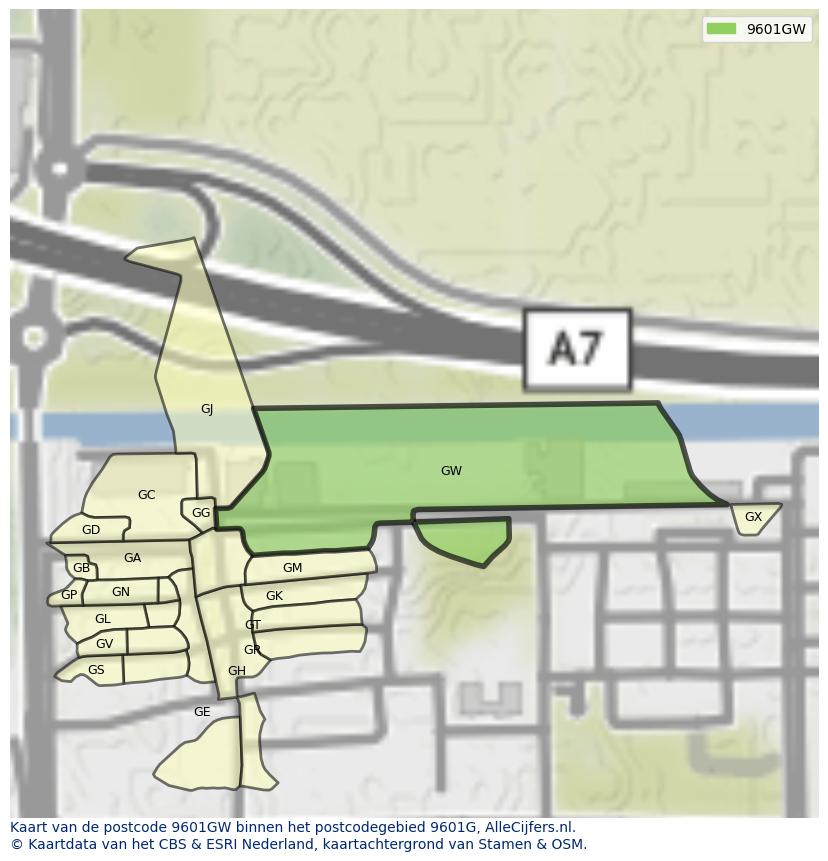 Afbeelding van het postcodegebied 9601 GW op de kaart.
