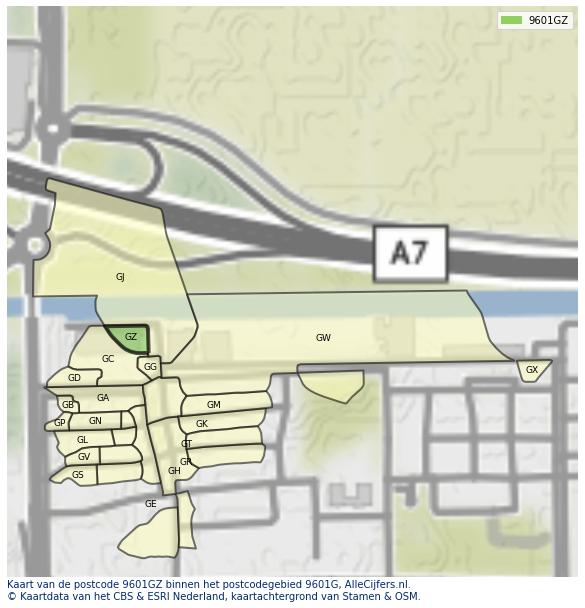 Afbeelding van het postcodegebied 9601 GZ op de kaart.