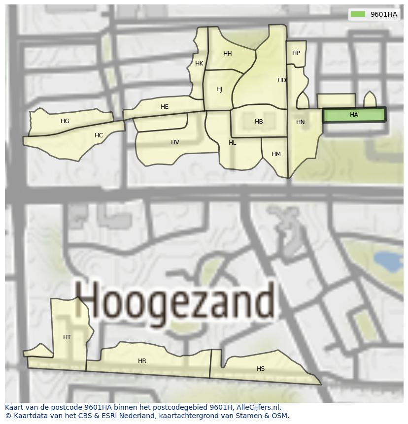 Afbeelding van het postcodegebied 9601 HA op de kaart.