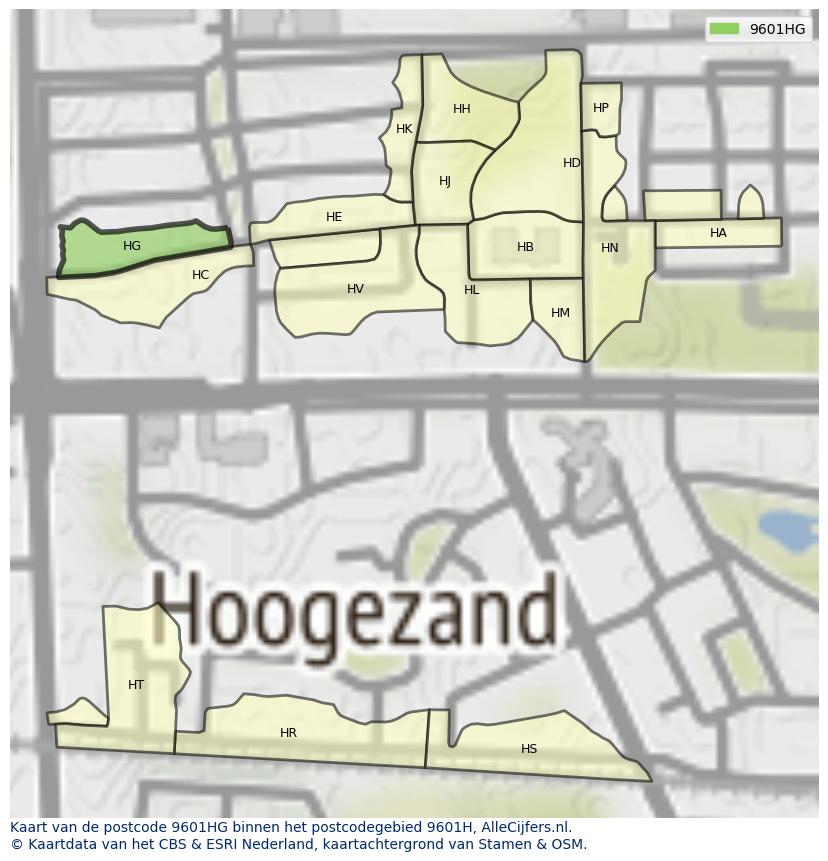 Afbeelding van het postcodegebied 9601 HG op de kaart.