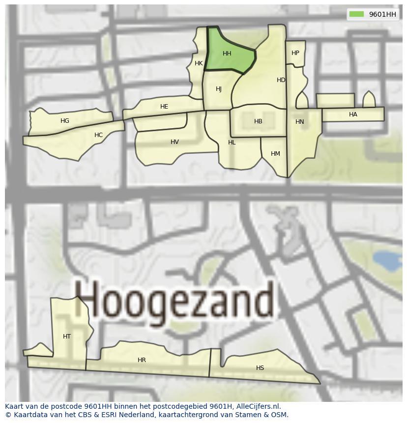Afbeelding van het postcodegebied 9601 HH op de kaart.