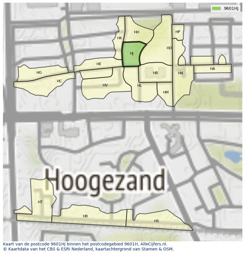 Afbeelding van het postcodegebied 9601 HJ op de kaart.