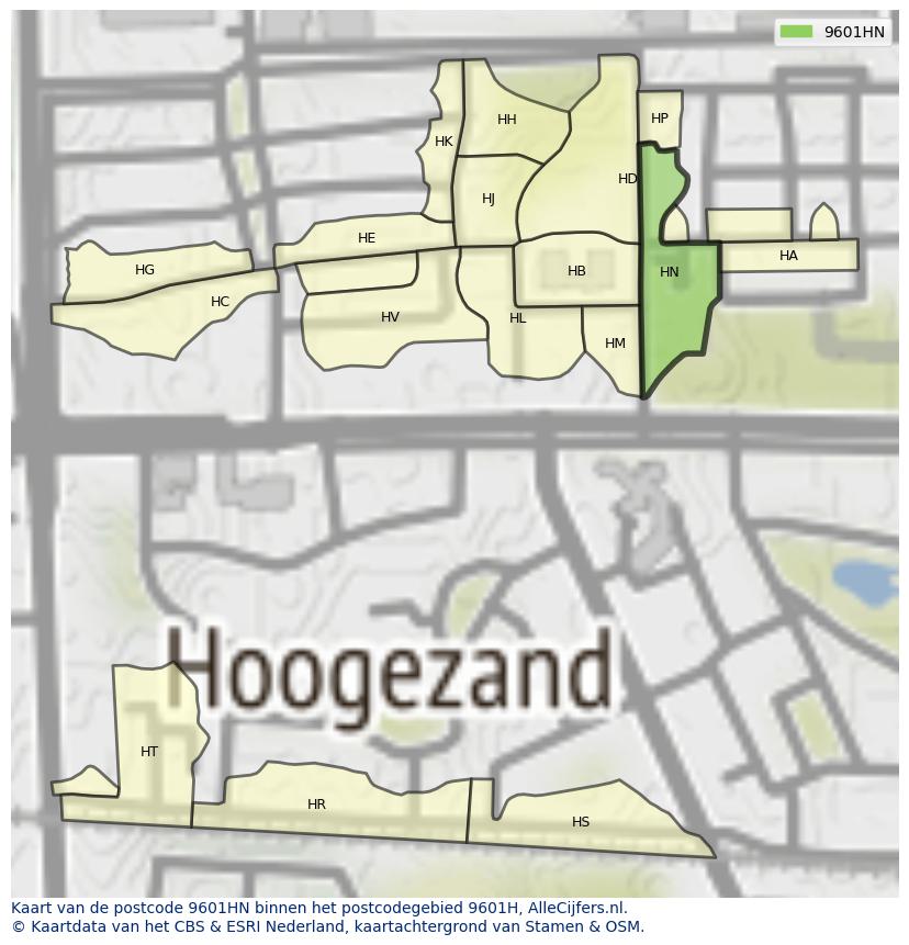 Afbeelding van het postcodegebied 9601 HN op de kaart.