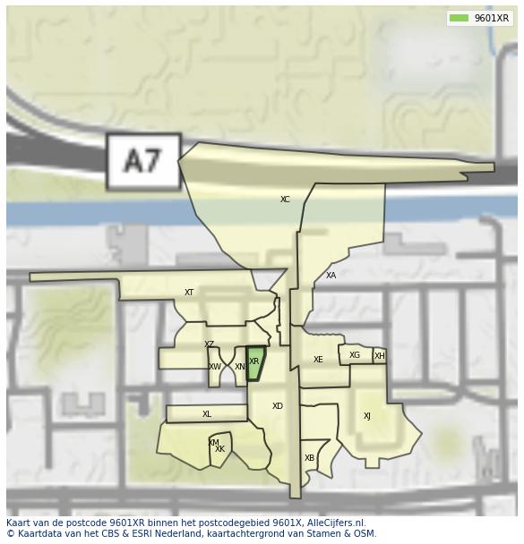 Afbeelding van het postcodegebied 9601 XR op de kaart.