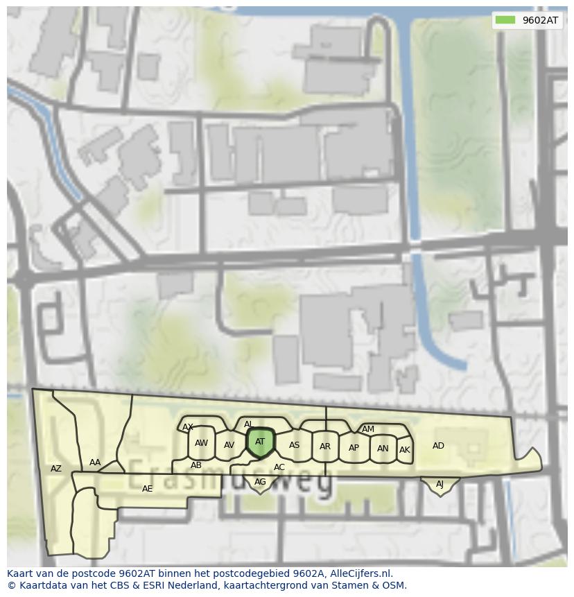 Afbeelding van het postcodegebied 9602 AT op de kaart.