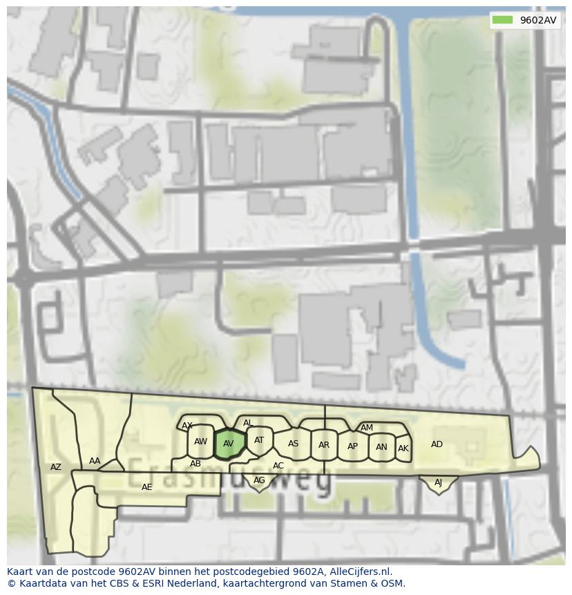 Afbeelding van het postcodegebied 9602 AV op de kaart.