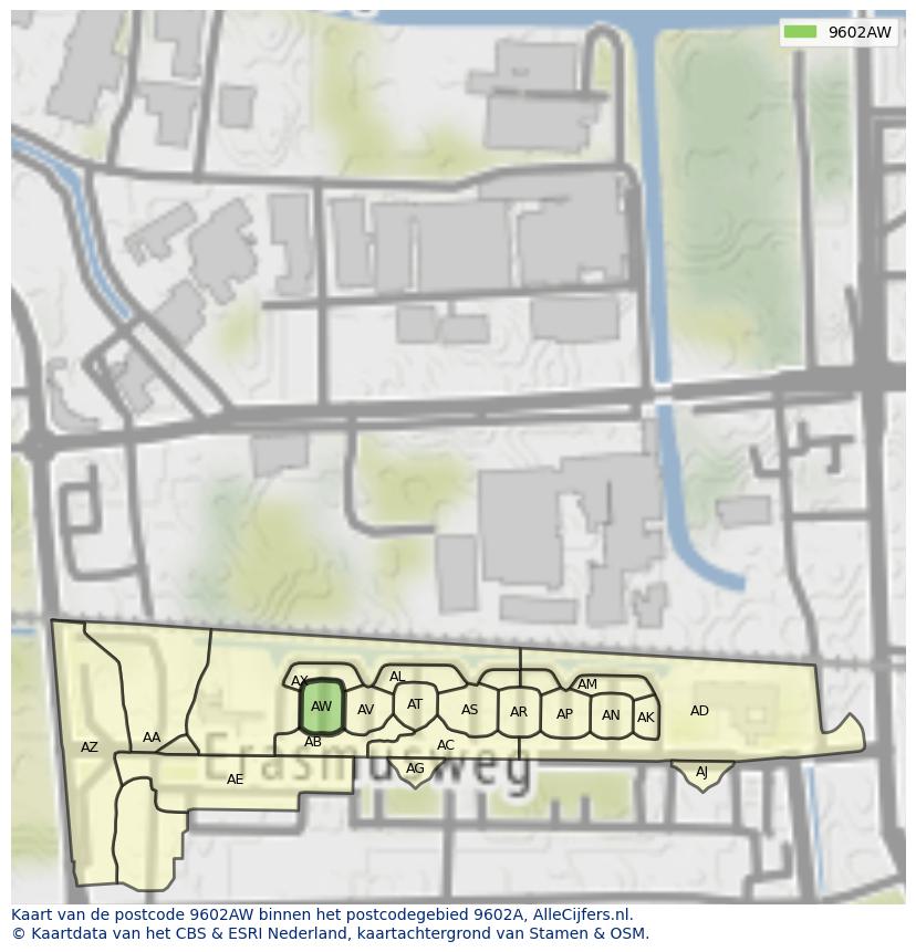 Afbeelding van het postcodegebied 9602 AW op de kaart.
