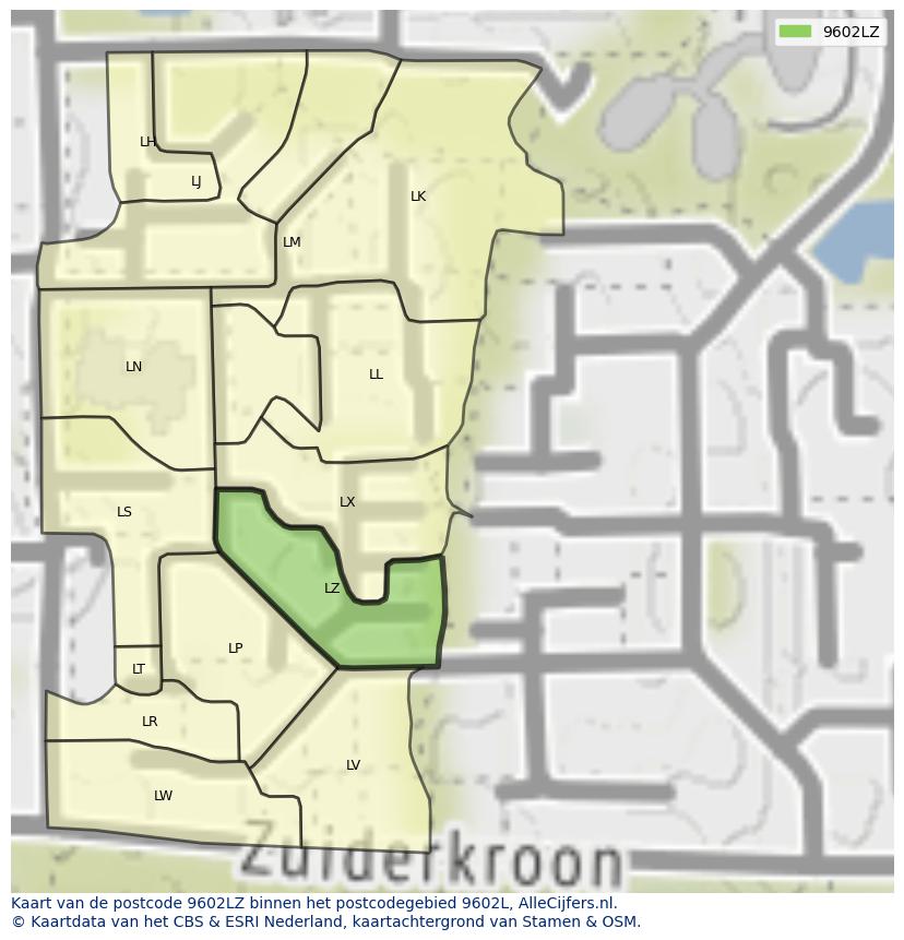 Afbeelding van het postcodegebied 9602 LZ op de kaart.